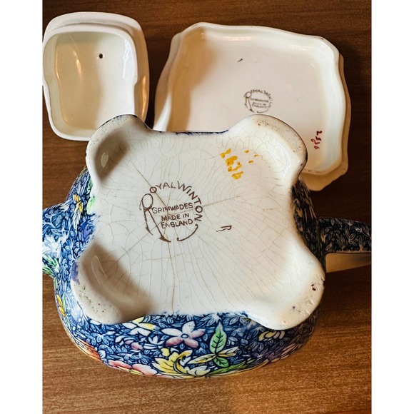 Rare Royal Winton chintz blue Anemone teapot with matching plate/display stand - Picture 5 of 10